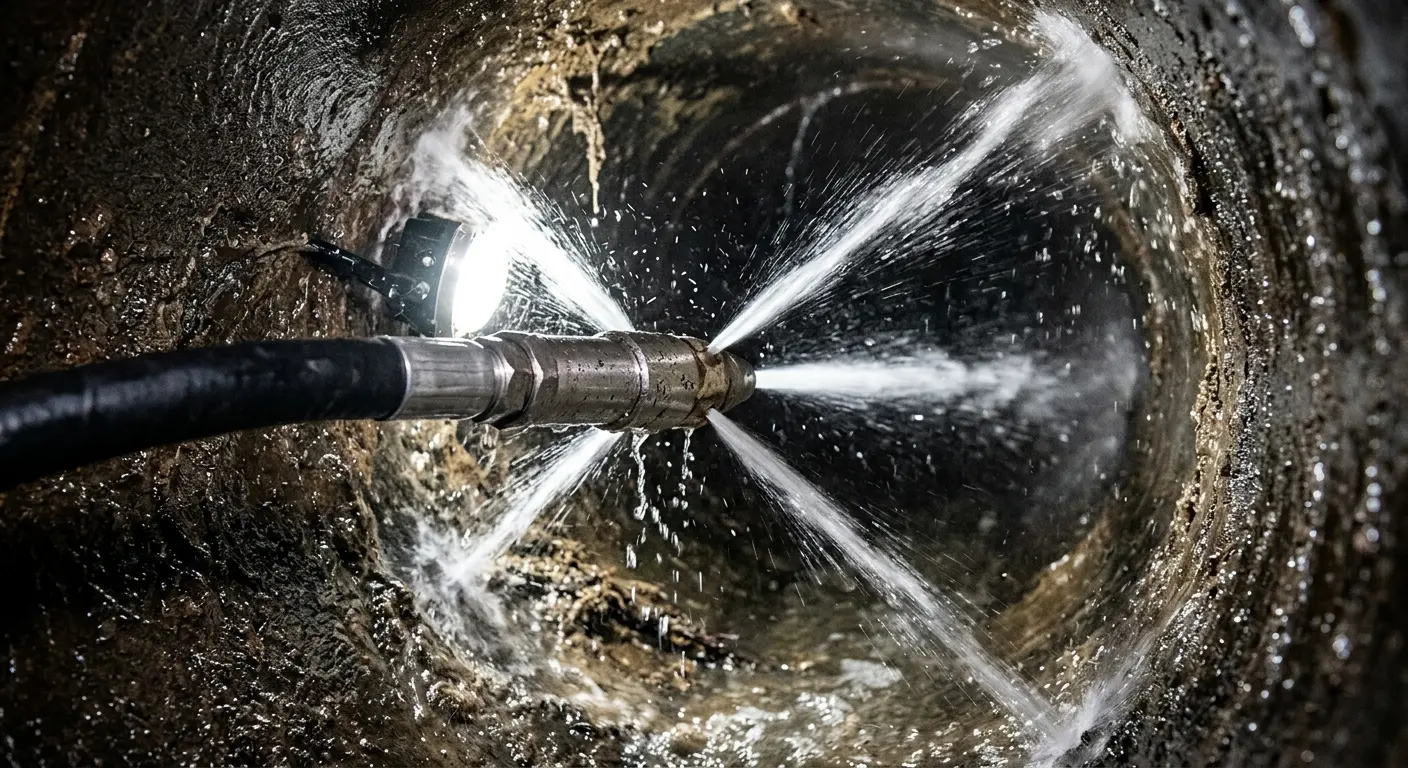 High-pressure hydro jetting nozzle cleaning sewer pipe for Storm Drain Cleaning in Stuarts Draft