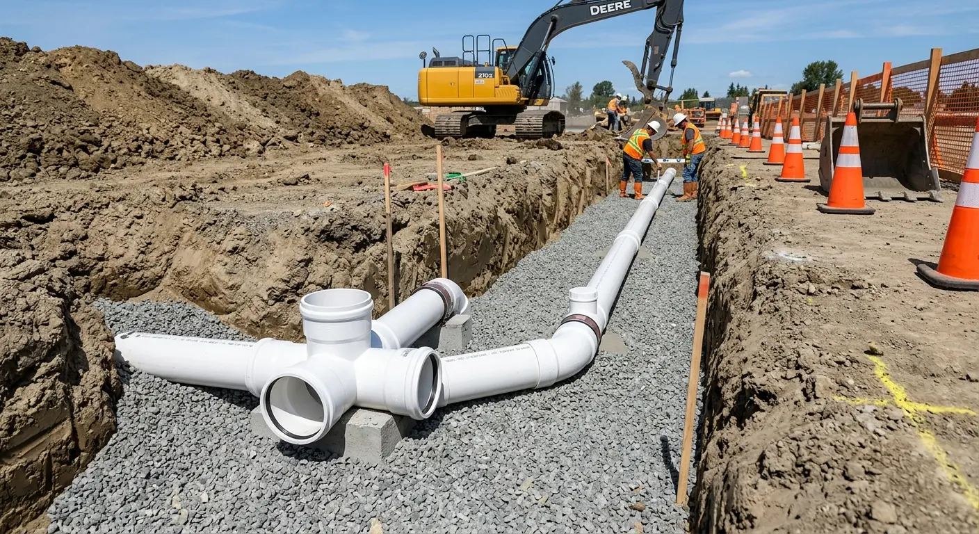 New PVC sewer pipe installation in open trench for Sewer Camera Inspection in Stuarts Draft