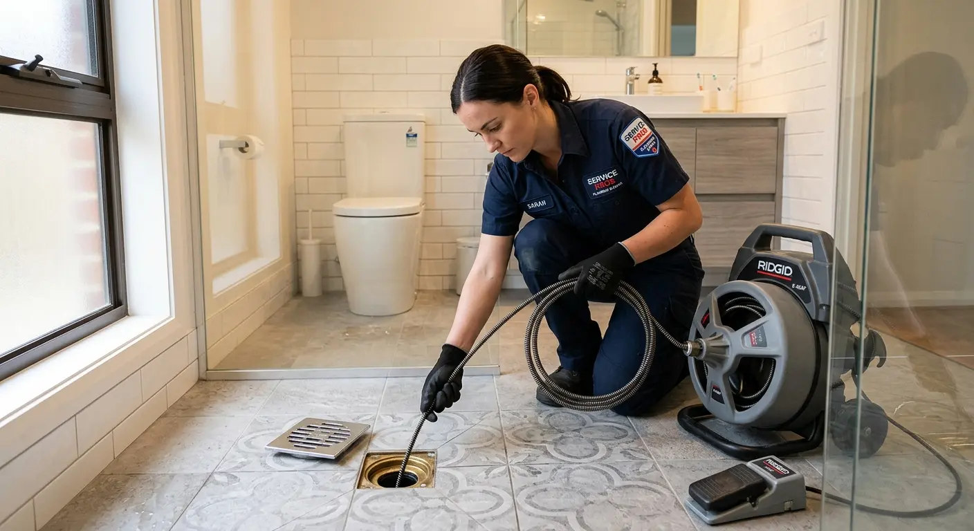 Technician clearing a bathroom floor drain for Sewer Line Replacement in Stuarts Draft
